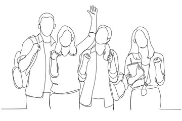 Drawing of group of happy students celebrating success posing and standing. Continuous line art