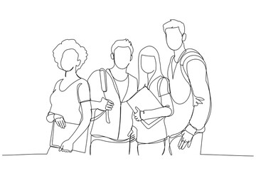 Drawing of Group Of Students holding books posing after calls. Single continuous line art