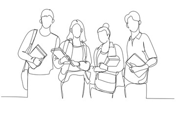 Cartoon of full length asian college students holding subject books standing infront of library. One continuous line art style