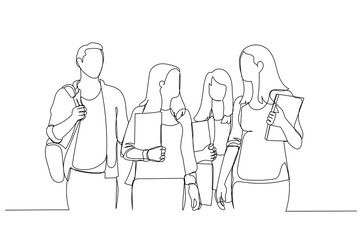 Illustration of group of college students walking together. Single line art style