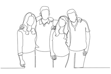 Fototapeta na wymiar Drawing of group of friends embrace one another. Single continuous line art style