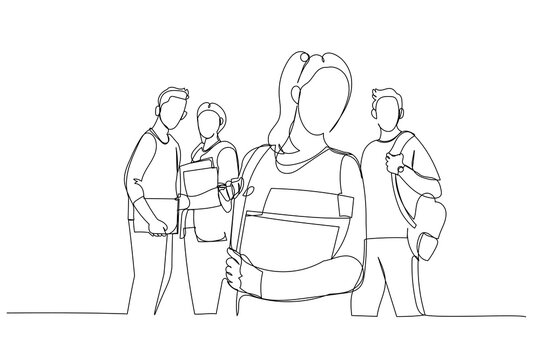Drawing of happy student girl with book and a group of students. Continuous line art style