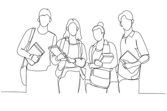 Cartoon of full length asian college students holding subject books standing infront of library. One continuous line art style