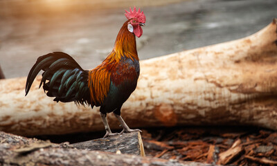 A strong and beautiful male cock stands on a log