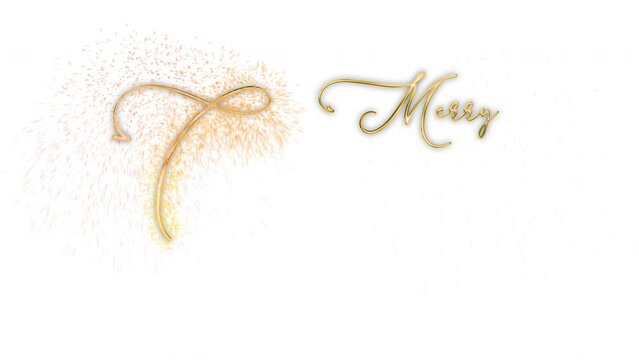 Magical golden MERRY CHRISTMAS copy on white background. Merry Christmas animation of hand written letters in shiny golden metallic thin font with sparking particles like fireworks. Postcard backdrop