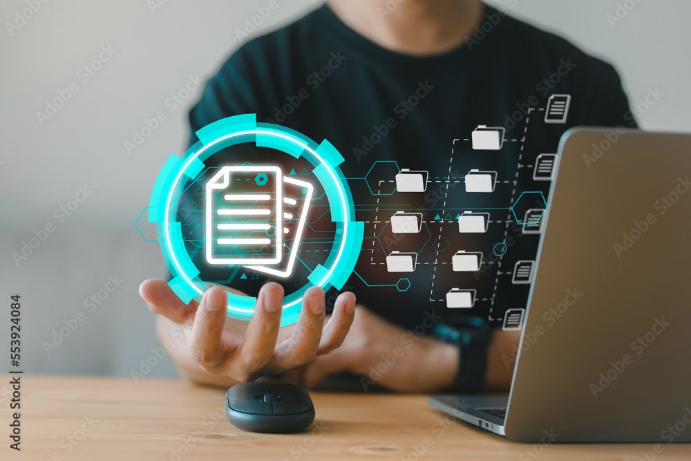 Aufkleber Document Management System (DMS). Corporate business technology. online documentation database, and process automation to efficiently manage files, knowledge, and documentation in enterprises with ERP