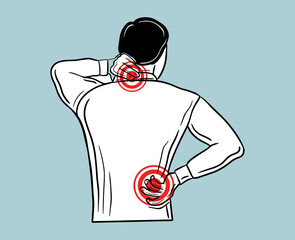 man in back pain and neck pain rubbing back and neck hand drawn vector illustration isolated
