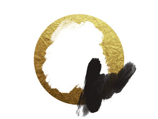 Golden abstract circle frame, contrast black paint brush smudge, texture, isolated graphic design element made with brushstroke, hand drawn art for backgrounds, watercolor paint