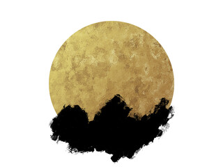 Golden abstract circle frame, contrast black paint brush smudge, texture, isolated graphic design element made with brushstroke, coin, hand drawn art for backgrounds, watercolor paint