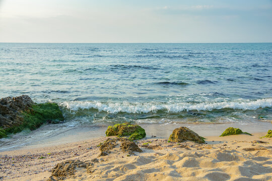 summer vacation background at the sea. clear water and sandy beach. relax and recreation season