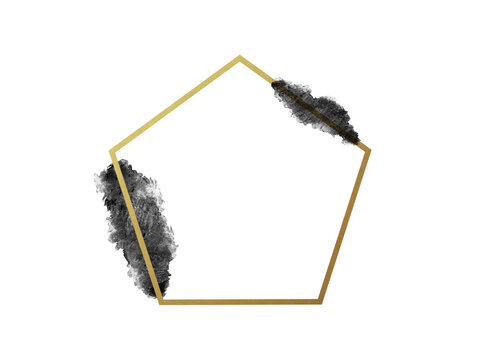 Golden abstract geometric frame, contrast black paint brush smudge, texture, isolated graphic design element made with brushstroke, hand drawn art for backgrounds, watercolor paint