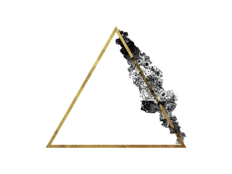 Golden abstract triangle frame, geometric, contrast black paint brush smudge, texture, isolated graphic design element made with brushstroke, hand drawn art for backgrounds, watercolor paint