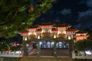 Wenwu Temple is a majestic and magnificent temple. Night view shot. Chaowu Pier, Sun Moon Lake National Scenic Area. Nantou County, Taiwan