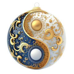 chinese yin yang tai ji Christmas ornament in blue white and gold, Xmas tree decoration, transparent background, generative AI