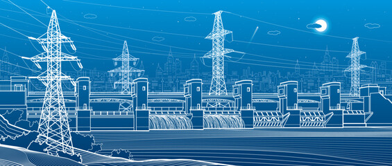 Hydro power plant. River Dam. Renewable energy sources. High voltage transmission systems. Electric pole. Power lines. City infrastructure industrial illustration. Vector design art