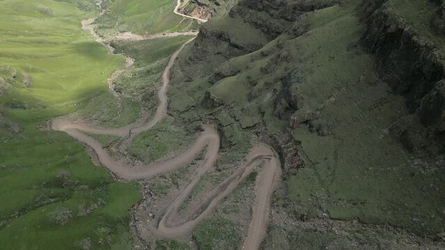 Aerial tilt: Sani Pass no man's land between South Africa and Lesotho