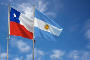 Republic of Chile and Argentina Flags Over Blue Sky Background. 3D Illustration
