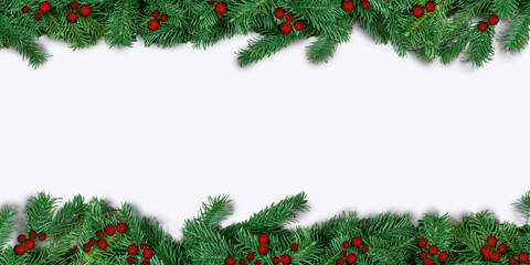 Christmas border with holly berries isolated on white background.