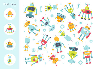 Naklejka premium Mini game with cute robots for kids. Search for identical robots. Funny vector robots game for babies.