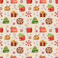Watercolor seamless pattern of christmas tree and cute snail.