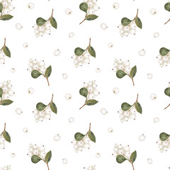 Watercolor christmas branches and snowberry pattern on white background