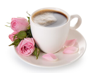 Tea in a white porcelain cup and a bouquet of roses isolated on a white background