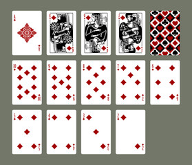 Playing cards set of Diamonds suit in vintage engraving drawing style in black and red colors