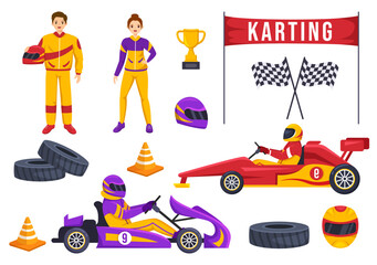 Karting Sport with Racing Game Go Kart or Mini Car on Small Circuit Track in Flat Cartoon Hand Drawn Template Illustration - obrazy, fototapety, plakaty