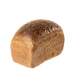 Loaf of rectangular bread sprinkled with sesame. White background, isolate. 