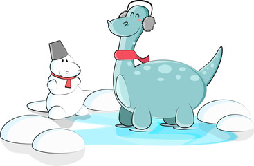The little blue dinosaur decided to ride on the lake on ice in a beautiful winter