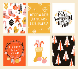 Vector collection of Christmas poster templates. New year 2023 set of christmas greeting cards. Bright colors. presents and hand written lettering for your invitation and design.