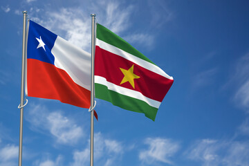 Republic of Chile and Republic of Suriname Flags Over Blue Sky Background. 3D Illustration