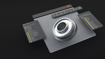 An engineering designer designs 3D CAD software. The model is a mechanical dimensional digital production factory, computer screen. 3d rendering. - obrazy, fototapety, plakaty