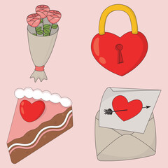 saint valentines day picture set with bouquet of flowers, love lock, cake and envelope with letter