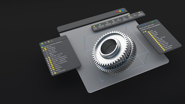 An engineering designer designs 3D CAD software. The model is a mechanical dimensional digital production factory, computer screen. 3d rendering.