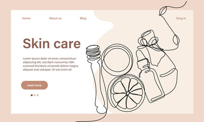 Skin care concept. Landing page template. Morning routine. Bath time. Organic products for scrubbing and body skin care with natural herbal skin care products, top view. Vector illustration