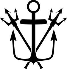 Illustration of sea anchor with crossed tridents. Design element for logo, sign, emblem. Vector illustration