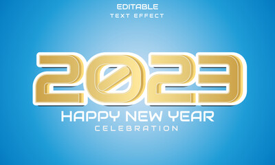 Happy New Year 2023 text effect. festive realistic decoration. Celebrate 2023 party on a blue background