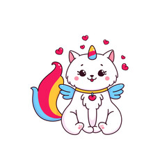 Cartoon cute caticorn character. Magic kitten , fairytale creature with wings, unicorn horn and rainbow tail vector mascot. Isolated kawaii cat, caticorn in love vector personage with heart coulomb