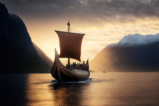 Viking ship entering a fjord landscape. Generative AI