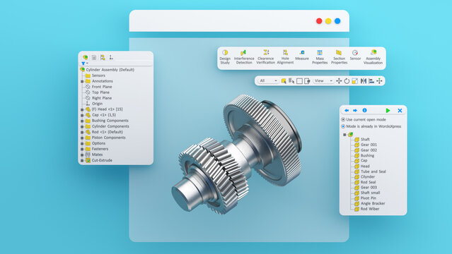 Engineering project, 3D CAD software model of a gear wheel. Mechanical dimensional digital production factory, computer screen. 3d rendering.