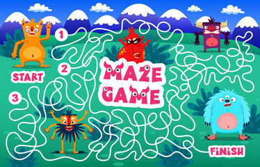 Labyrinth maze monster characters. Kids vector board game help mutant meet his friend. Family boardgame with tangled path, start, finish and cartoon personages. Children riddle for preschool activity