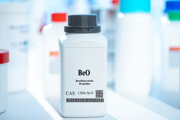 BeO beryllium oxide bromellite CAS 1304-56-9 chemical substance in white plastic laboratory...