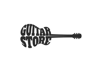 Guitar store icon. Music instruments and audio equipment shop vector abstract symbol, monochrome sign or label with electric or classic acoustic guitar silhouette and typography