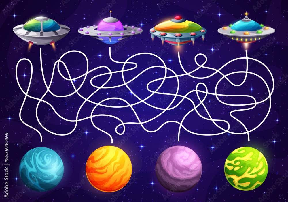 Poster space labyrinth maze help to ufo find a planet. kids vector worksheet with alien saucers and tangled