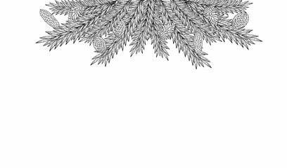 Natural frame, background of Christmas tree branches. Contour hand drawing. For greetings, invitations, postcards