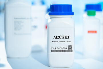 Al2Cl9K3 potassium aluminium chloride CAS 74978-20-4 chemical substance in white plastic laboratory...