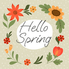 spring card with cute flat flowers and lettering hello spring