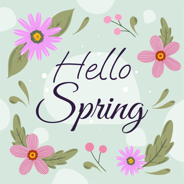 lettering hello spring on background with flowers and leaves in hand drawing style