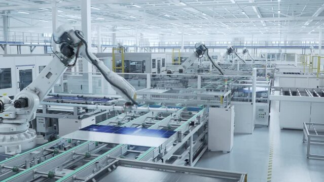 Time-lapse video of Automated Solar Panel Production Line. White Industrial Robot Arm Assembles Solar Panel, Placing PV Cells. Modern, Bright Manufacturing Facility.